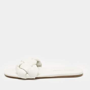 Pre Owned Miu Miu White Intrecciato Leather Flat Slides Size 40