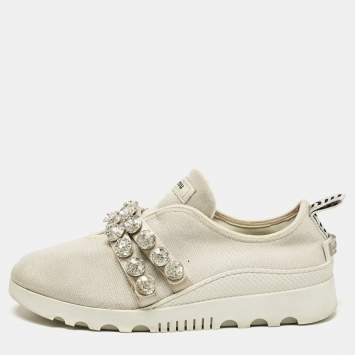 Pre Owned Miu Miu Cream Knit Fabric Crystal Embellished Slip On Sneakers Size 41