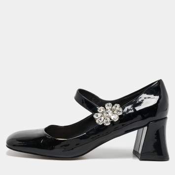 Pre Owned Miu Miu Black Patent Leather Crystal Embellished Mary Jane Pumps Size 37