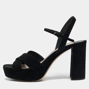 Pre Owned Miu Miu Black Suede Platform Block Heel Ankle Strap Sandals Size 40.5