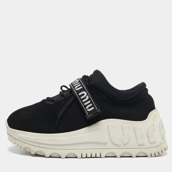 Pre Owned Miu Miu Black Fabric Graphic Trim Lace Up Sneakers Size 40