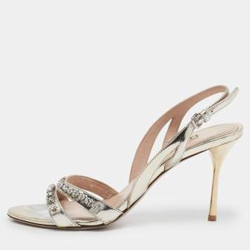 Pre Owned Miu Miu Gold Leather Crystal Embellished Slingback Sandals Size 39