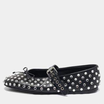 Pre Owned Miu Miu Black Studded Leather Crystal Embellished Peep Toe Ballet Flats Size 41