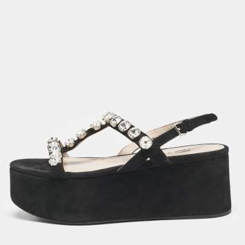 Pre Owned Miu Miu Black Suede Crystal Embellished Platform Sandals Size 39