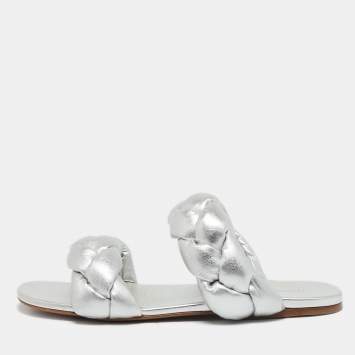 Miu Miu Silver Woven Leather Flat Sandals Size 38.5