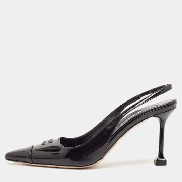 Pre Owned Miu Miu Black Leather Logo Pointed Cap Toe Slingback Pumps Size 37.5