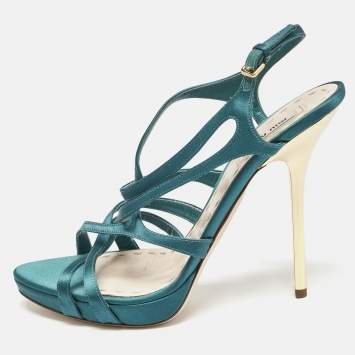 Pre Owned Miu Miu Green Satin Crisscross Ankle Strap Sandals Size 40.5