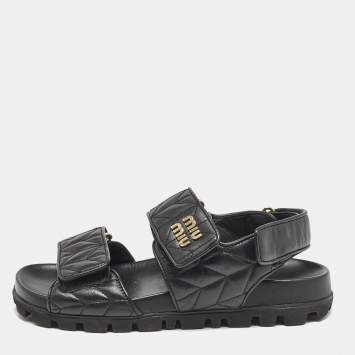 Pre Owned Miu Miu Black Leather  Sporty Matelassé Slingback Sandals Size 37 