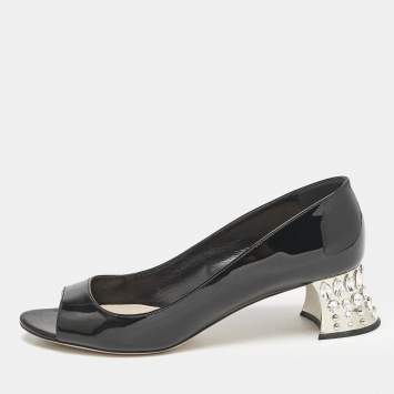 Miu Miu Black Patent Leather Crystal Block Heel Open Toe Pumps Size 37.5
