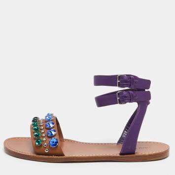 Pre Owned Miu Miu Brown/Purple Leather and Satin Crystal Embellished Flat Sandals Size 38