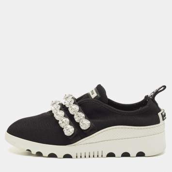 Miu Miu Black Knit Fabric Crystal Embellished Slip On Sneakers Size 37.5