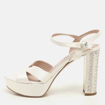 Miu Miu White Satin Beads Embellished Bow Ankle Strap Miu Miu White Satin Beads Embellished Bow Ankle Strap