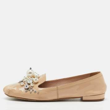 Miu Miu Beige Patent Leather Faux Pearls Ballet Flats Size 36