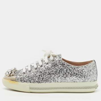 Miu Miu Silver Glitter Crystal Embellished Lace Up Sneakers Size 37.5