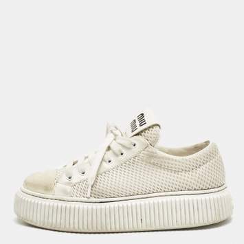 Pre Owned Miu Miu White Leather and Mesh Platform Sneakers Size 37.5