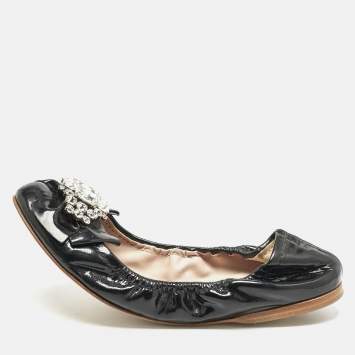 Pre Owned Miu Miu Black Patent Leather Crystal Embellished Scrunch Ballet Flats Size 38