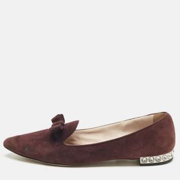 Pre Owned Miu Miu Burgundy Suede Bow Pointed Toe Smoking Slippers Size 38.5