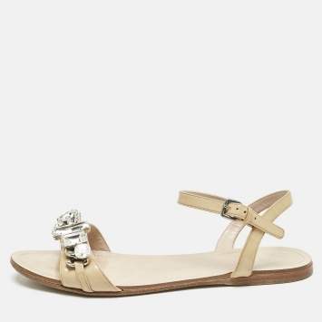 Miu Miu Beige Patent Leather Cipraia Crystal Ankle Strap Flat Sandals Size 37.5
