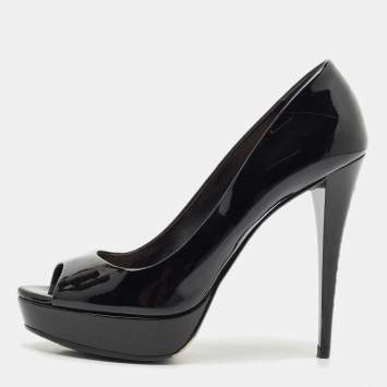Miu Miu Black Patent Leather Crystal Embellished Heel Peep Toe Pumps Size 38