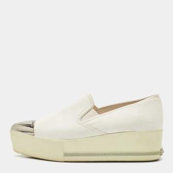 Miu Miu White Leather Metal Cap Toe Platform Slip On Sneakers Size 37