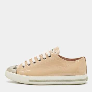 Miu Miu Beige Patent Leather Metal Cap Toe Low Top Sneakers Size 38.5