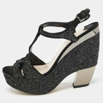Miu Miu Black Glitter Wedge Slingback Sandals Size 41
