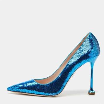 Miu Miu Blue Sequin Embellished Pointed Toe Pumps Size 37.5