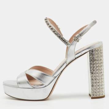 Miu Miu Silver Leather Crystal Embellished Ankle Strap Platform Sandals Size 40
