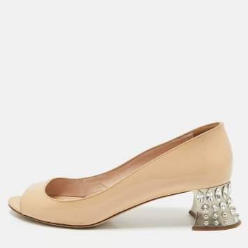 Pre Owned Miu Miu Beige Patent Leather Crystal Embellished Peep Toe Pumps Size 39.5