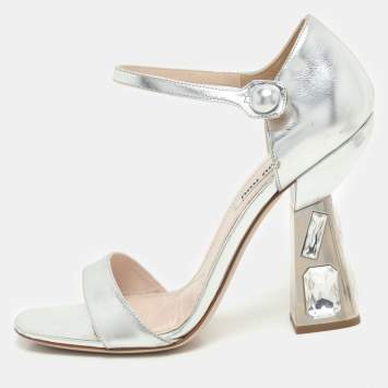 Miu Miu Silver Leather Crystal Embellished Heel Ankle Strap Sandals Size 38