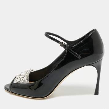 Miu Miu Black Patent Leather Crystal Embellished  Peep Toe Pumps Size 37.5