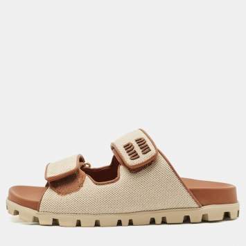 Miu Miu Beige/Brown Canvas and Leather Neutral Mules Size 36.5