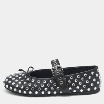 Miu Miu Black Leather Crystal Embellished Ballet Flats Size 37.5