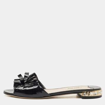 Miu Miu Black  Patent Leather Crystal Embellished Slide Sandals Size 39