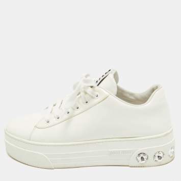 Miu Miu White Patent Leather Crystal Embellished Platform Low Top Sneakers Size 39
