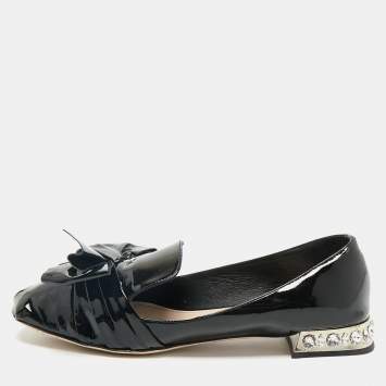 Miu Miu Black Patent Leather Crystals Embellished Bow Ballet Flats Size 41