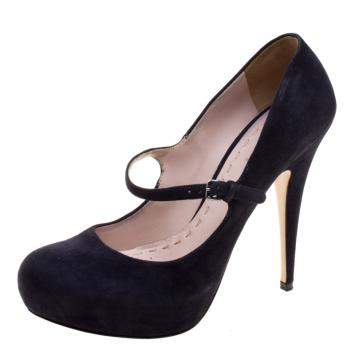 Pre Owned Miu Miu Dark Blue Suede Mary Jane Pumps Size 39