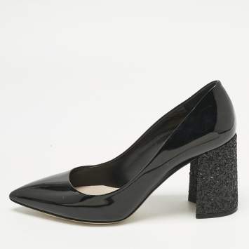 Miu Miu Black Patent Leather Glitter Heel Pointed Toe Pumps Size 39