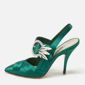 Miu Miu Green Satin Crystal Embellished Donna Slingback Pumps Size 37