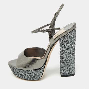 Pre Owned Miu Miu Silver Glitter and Snakeskin Embossed Leather Ankle Strap Sandals Size 36