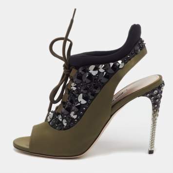 Pre Owned Miu Miu Green/Black Satin and Neoprene Crystal Embellished Lace Up Slingback Sandals Size 38.5