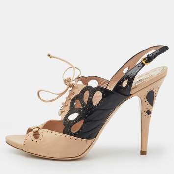 Pre Owned Miu Miu Beige/Black Leather Cutout Slingback Sandals Size 41