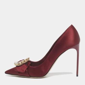 Pre Owned Miu Miu Burgundy Satin Crystal Embellished Pointed Toe Pumps Size 39