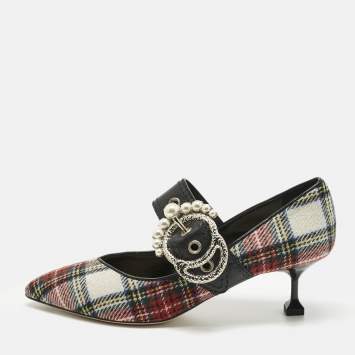 Pre Owned Miu Miu Multicolor Fabric and Leather Embellished Mary Jane Pumps Size 39