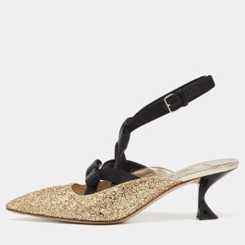 Pre Owned Miu Miu Metallic Gold/Black Glitter and Satin Bow Pointed Toe Slingback Pumps Size 38