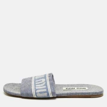 Pre Owned Miu Miu Blue Denim Logo Flat Slide Sandals Size 38