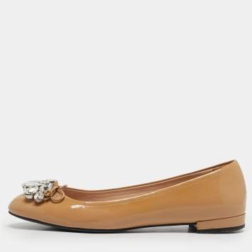Pre Owned Miu Miu Beige Patent Leather Crystal Embellished Ballet Flats Size 36.5