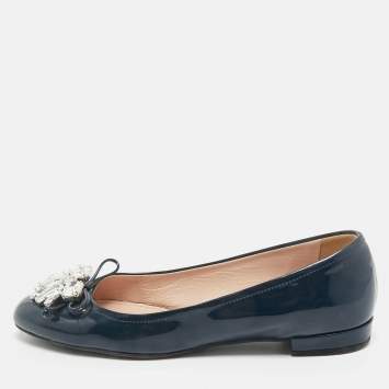 Pre Owned Miu Miu Navy Blue Patent Leather Crystal Embellished Ballet Flats Size 37