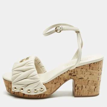 Pre Owned Miu  Miu  White Quilted Leather Ankle-Strap Platform Sandals Size 38