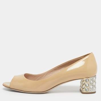 Pre Owned Miu Miu Beige Patent Leather Crystal Embellish Block Heel Pumps Size 38